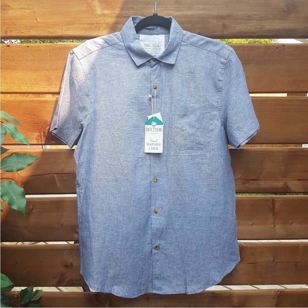 Mens TENTH + OCEAN Linen Blenda Button Down Shirt Short Sleeve Size Small